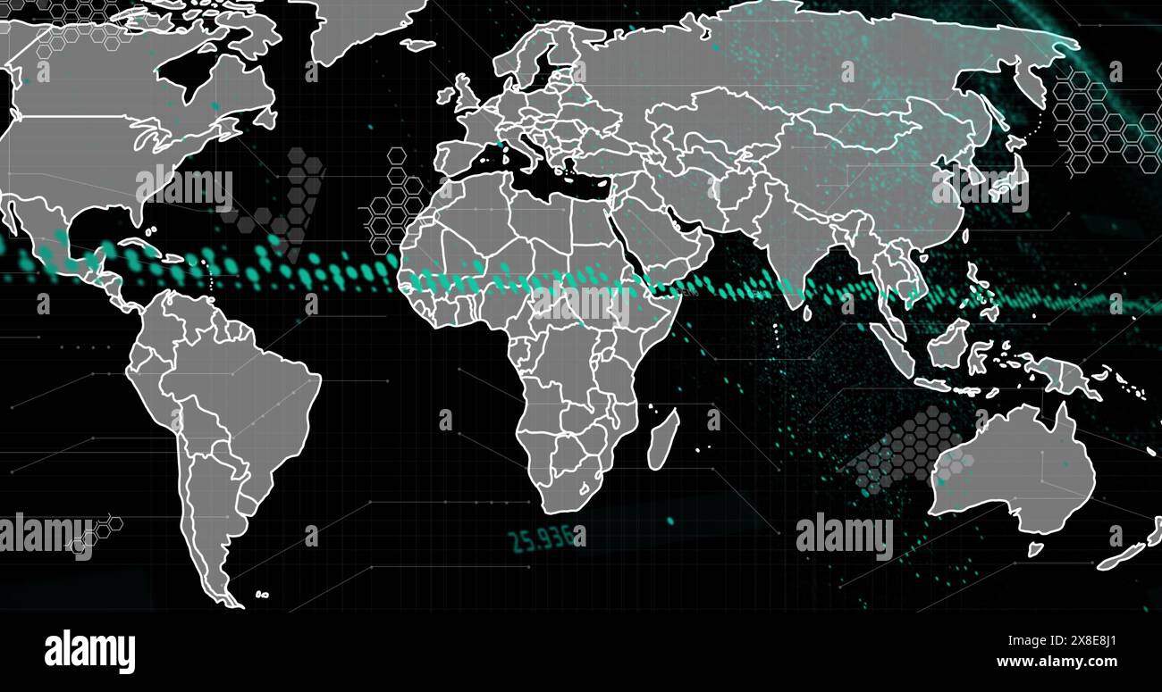 Image of data processing over world map against black background Stock ...