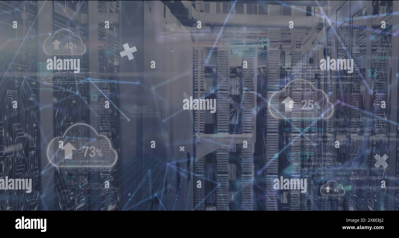 Image of data processing over cloud icons with percents and server room Stock Photo