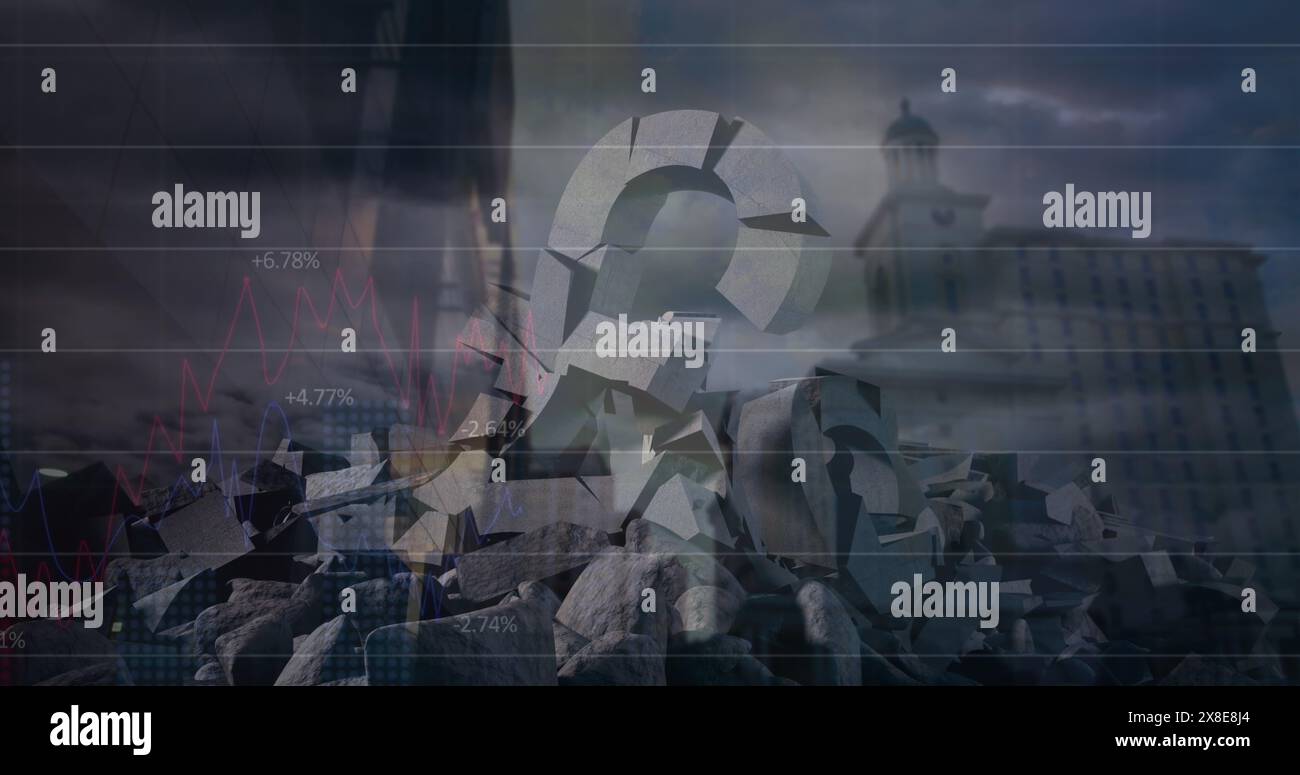 Image of data processing and cityscape over broken pound symbols and dark clouds Stock Photo