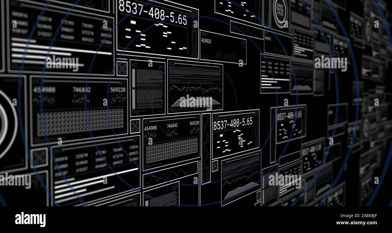 Image of interface with data processing over blue concentric circles against black background Stock Photo