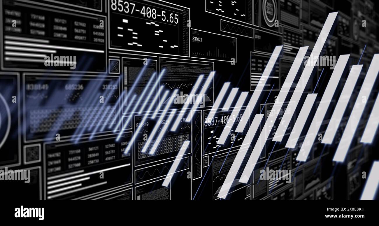 Image of interfaces with data processing against black background Stock ...