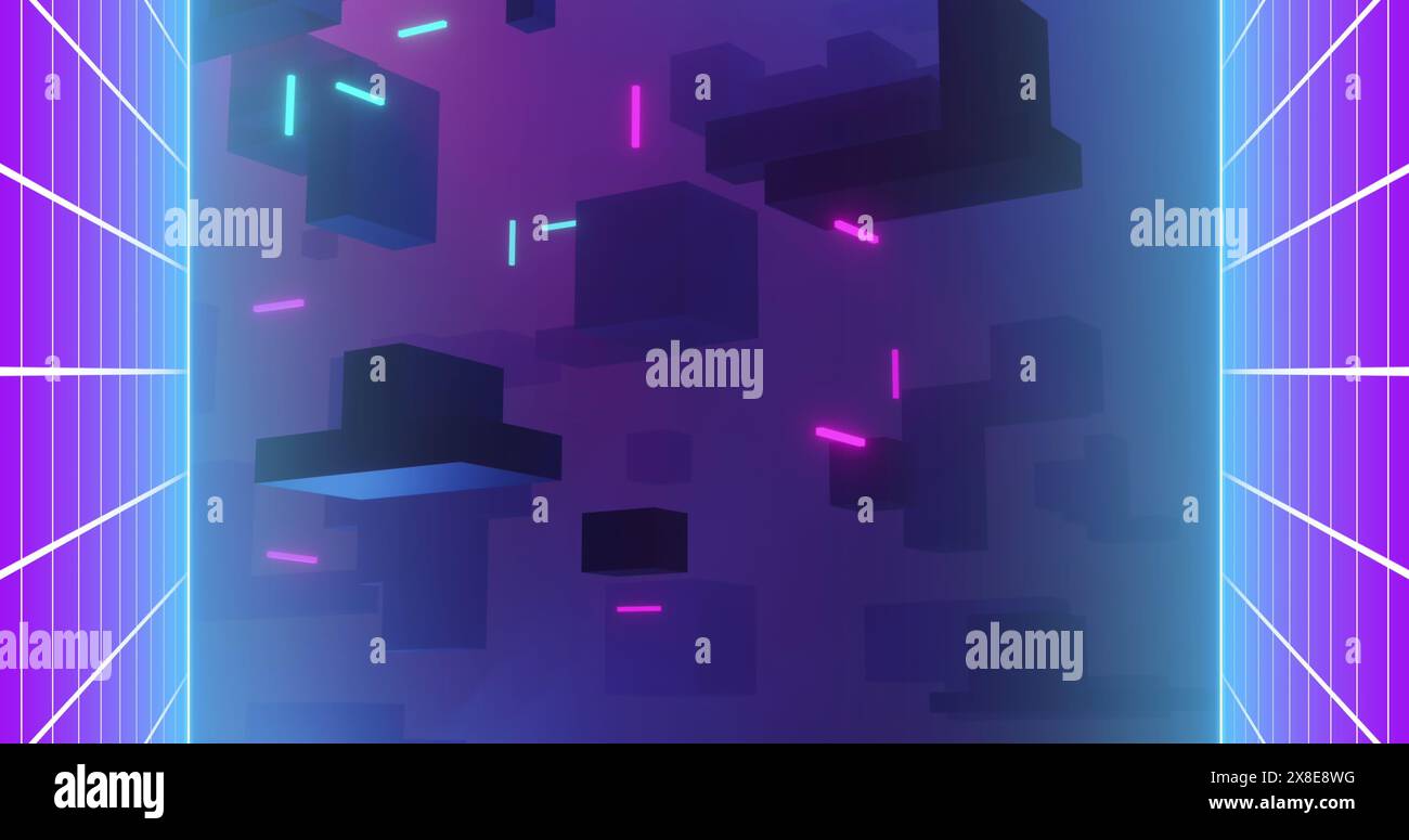 Floating geometric shapes glowing in purple and blue hues Stock Photo ...
