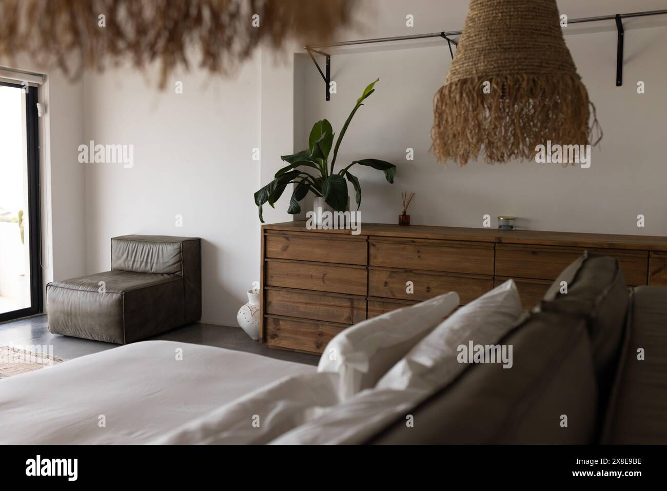 At home, rustic wooden furniture and large plant dominating a bedroom Stock Photo