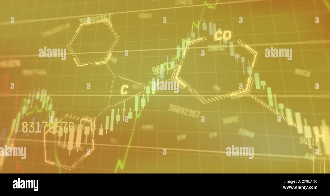 Image of multiple graphs with changing numbers and molecule structures over gradient background Stock Photo