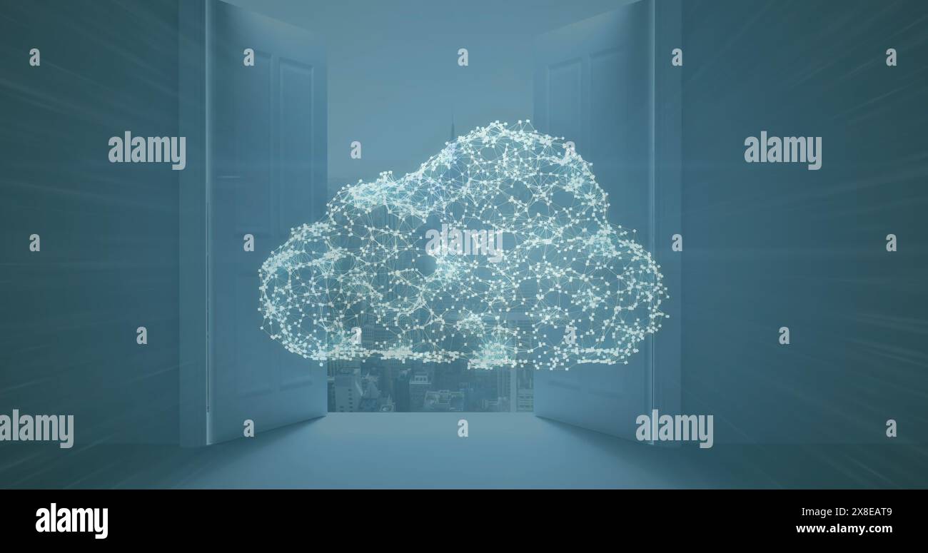 Image of network of connections forming cloud and security padlock icon against cityscape Stock Photo