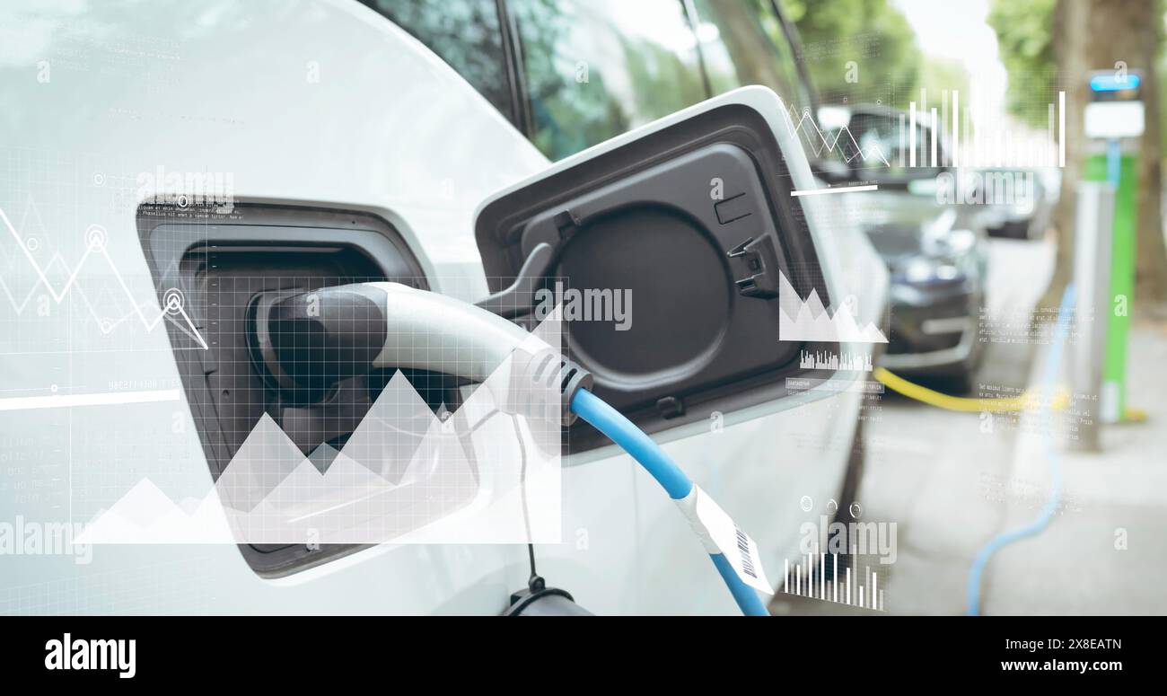 Image of statistical data processing over electric car charging at a charging station Stock Photo