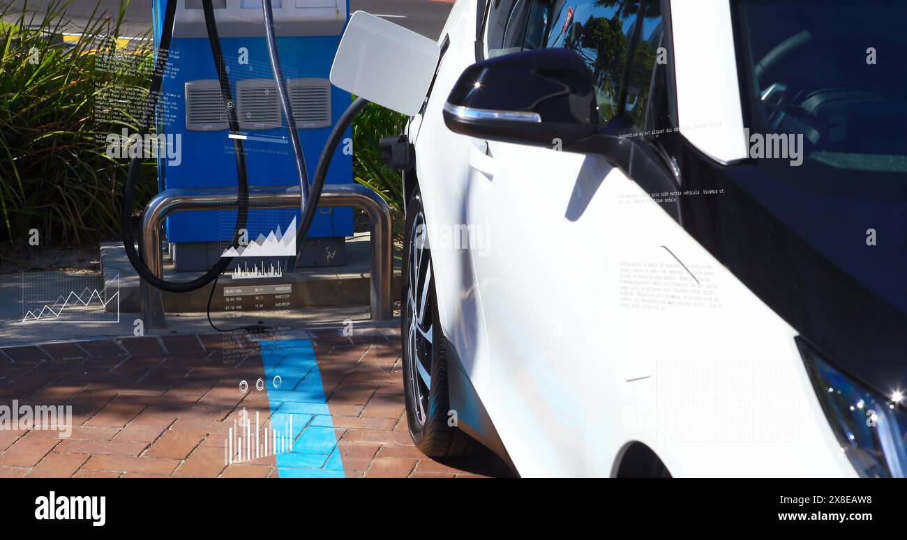 Image of statistical data processing over electric car charging at a charging station Stock Photo