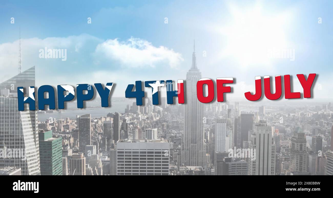 Text reading Happy 4th of July overlays city skyline Stock Photo
