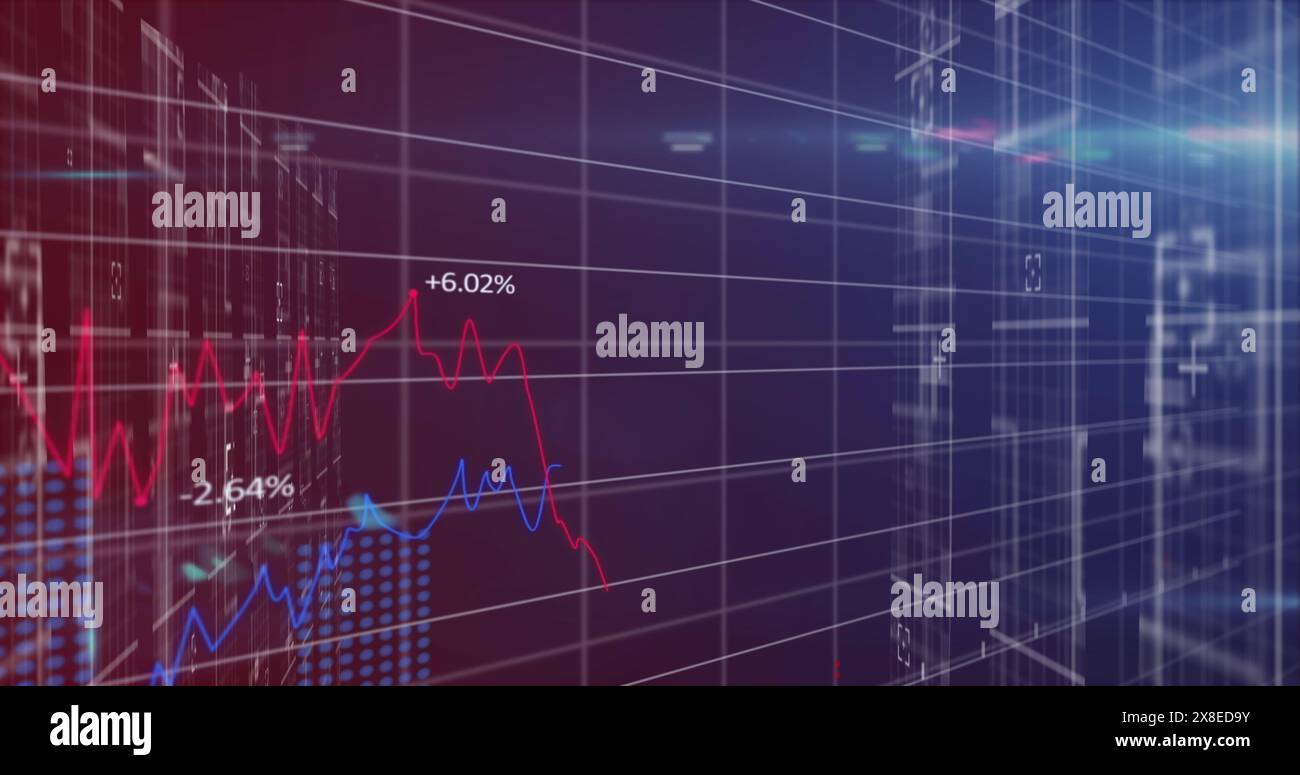 Red and blue lines showing stock market changes on digital screen Stock Photo