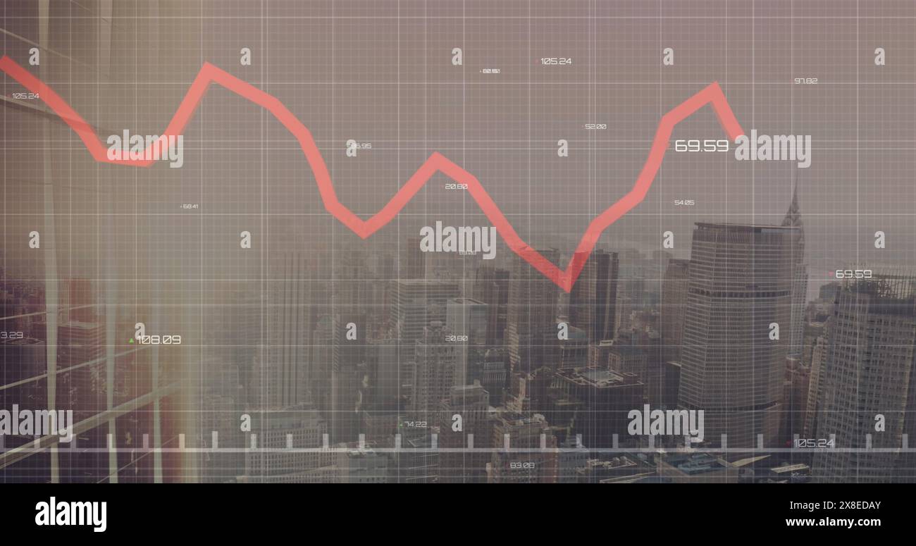 Red line graph showing decline, overlaying cityscape Stock Photo