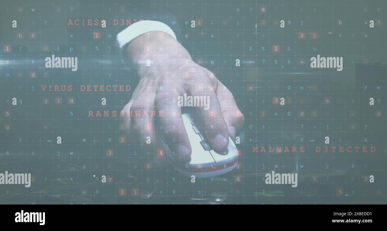 Hand with mouse hovers over screen displaying cybersecurity threats Stock Photo