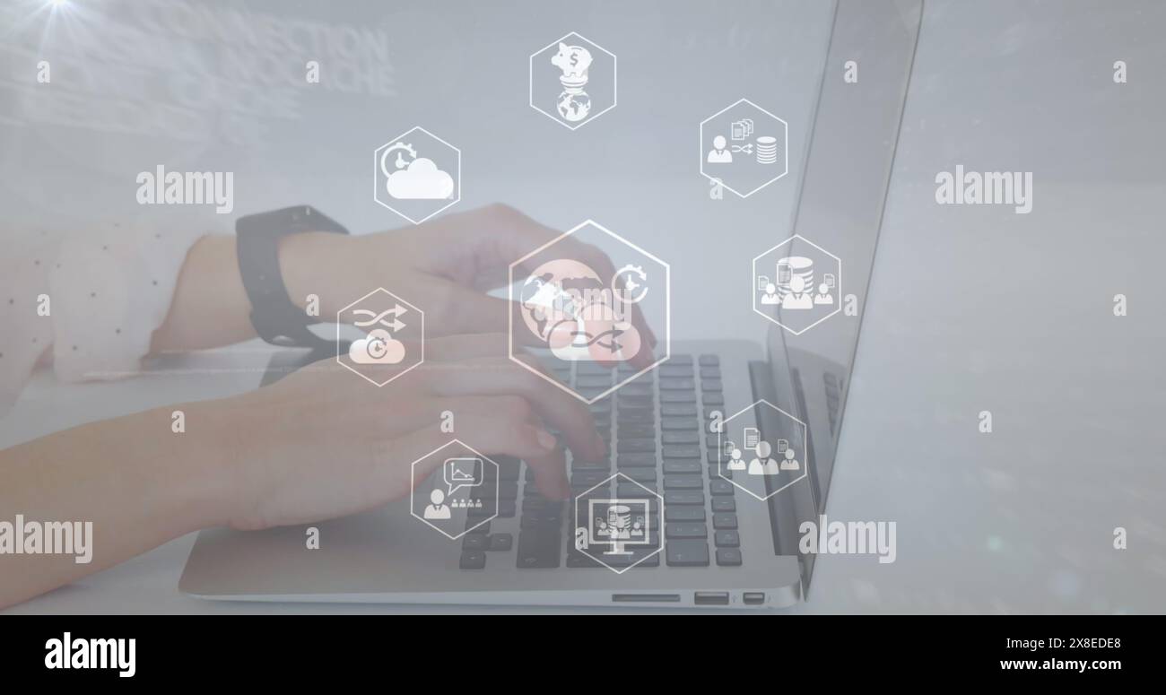 Image of media icons and data processing over man using smartwatch ...