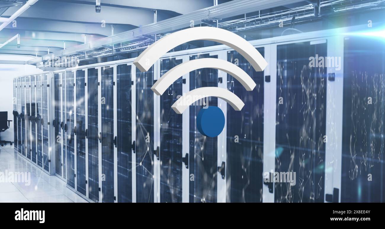 Image of wifi icon and dots interconnected with lines forming geometric shape over server room Stock Photo
