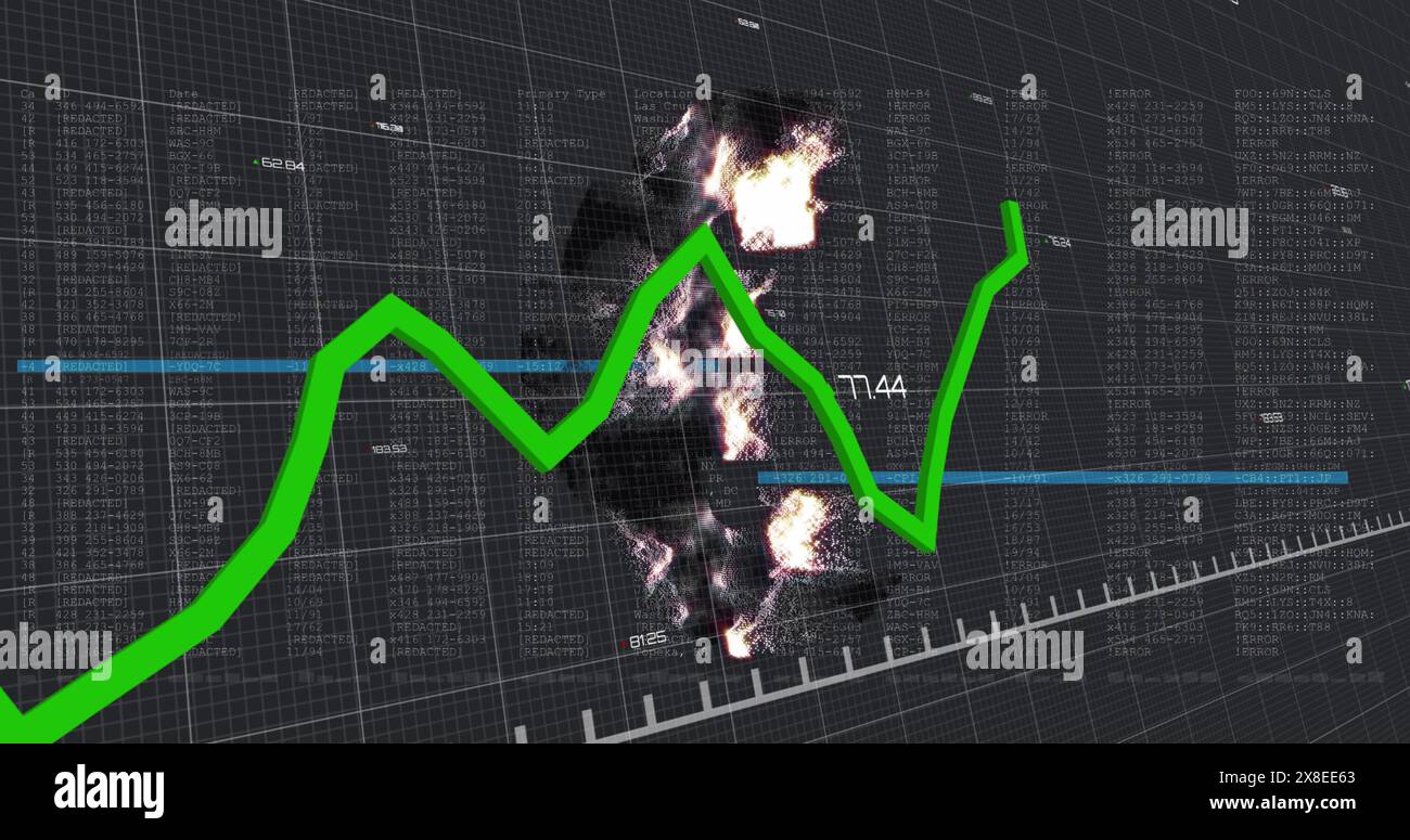 Image of statistics with green line, euro symbol and data processing over grid Stock Photo