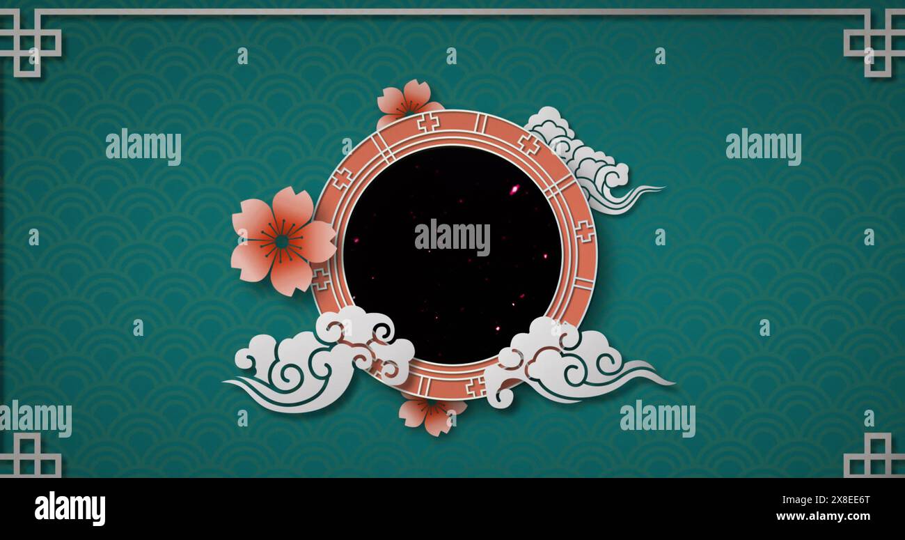 Image of shooting star over decorative round banner against green background Stock Photo