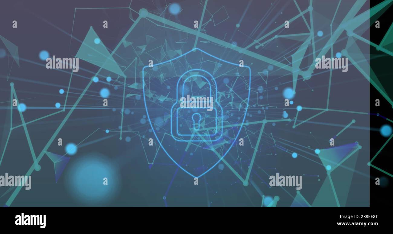 Image of security padlock icon and plexus networks floating against ...