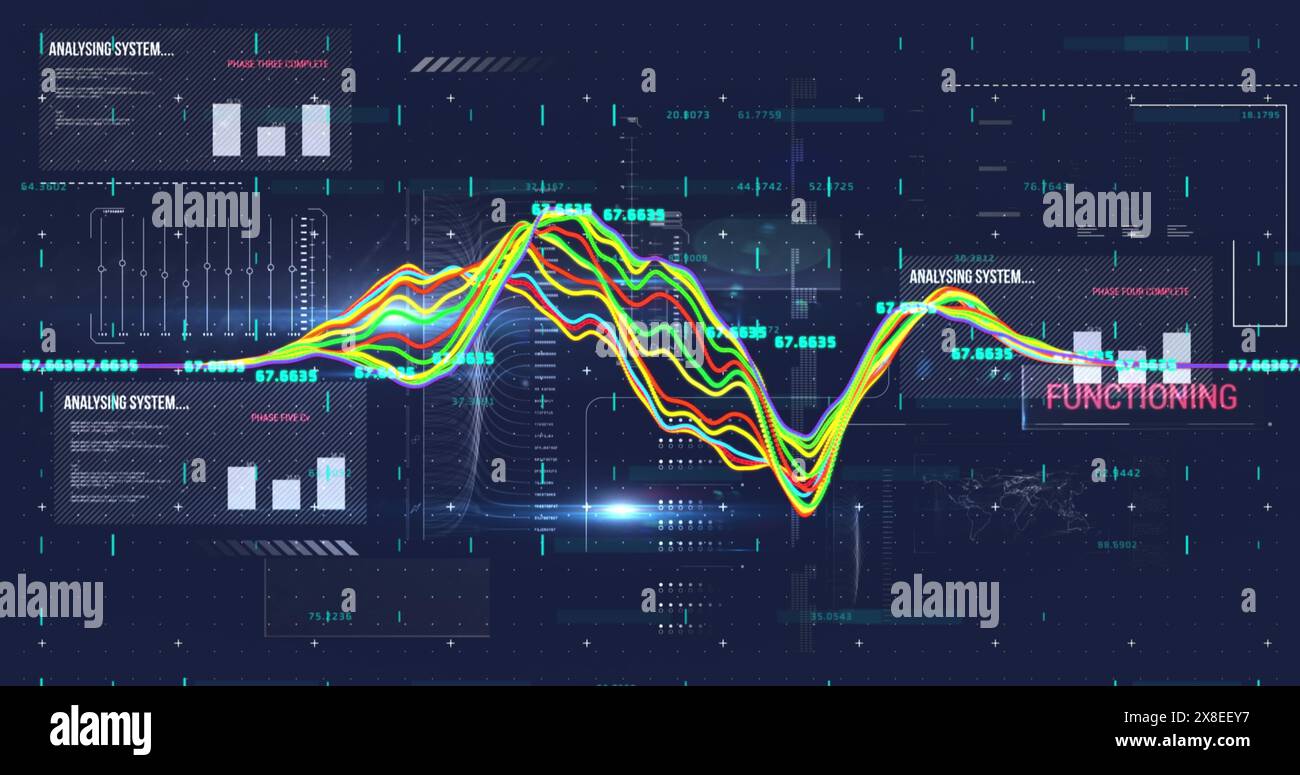 Image of interface with data processing against light spot on blue background Stock Photo