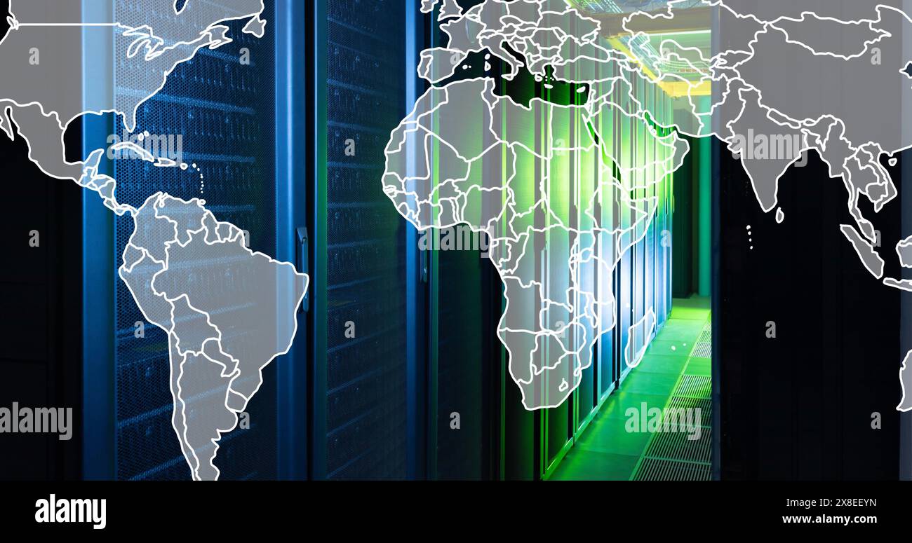 Image of map over illuminated server room in background Stock Photo - Alamy