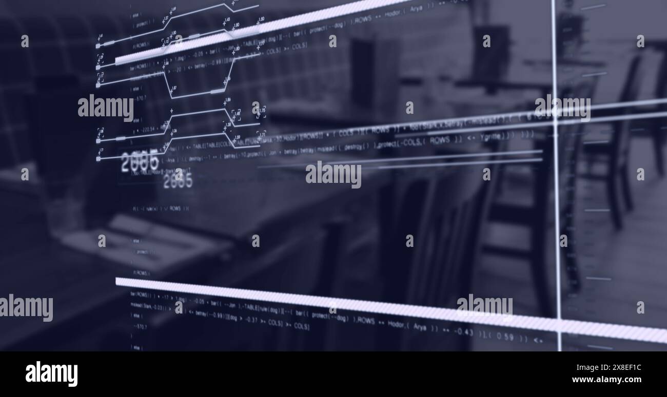 Image of changing numbers, circuit board patterns, computer language over empty office Stock Photo