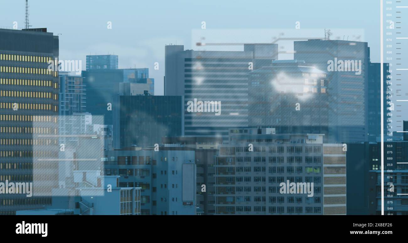 Image of maps, lines and soundwaves over aerial view of modern buildings in background Stock Photo