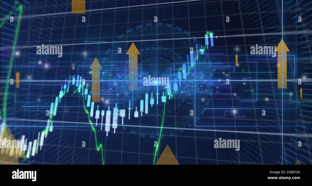 Image of arrow icons and financial data processing over round scanner and light trails Stock Photo