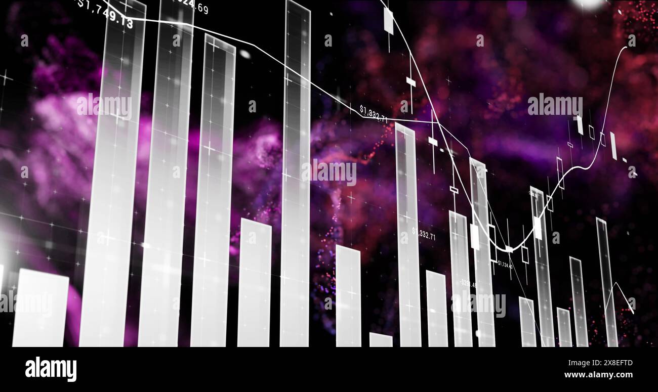 Image of statistical data processing over purple digital wave against black background Stock Photo