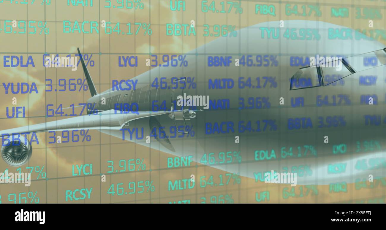 Image of financial data processing over airplane flying Stock Photo