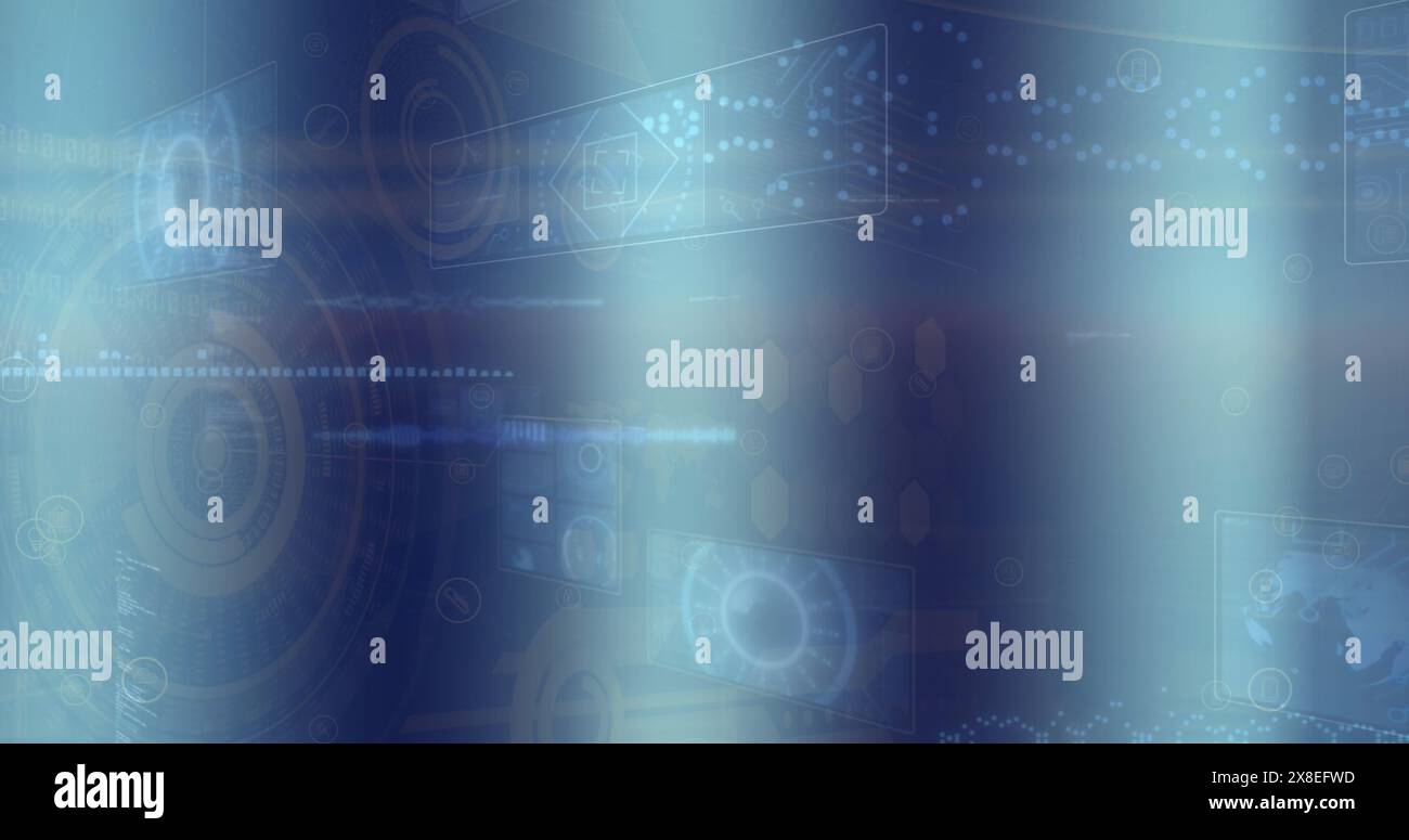 Image of globes, circles, radars, soundwaves over computer language on abstract background Stock Photo