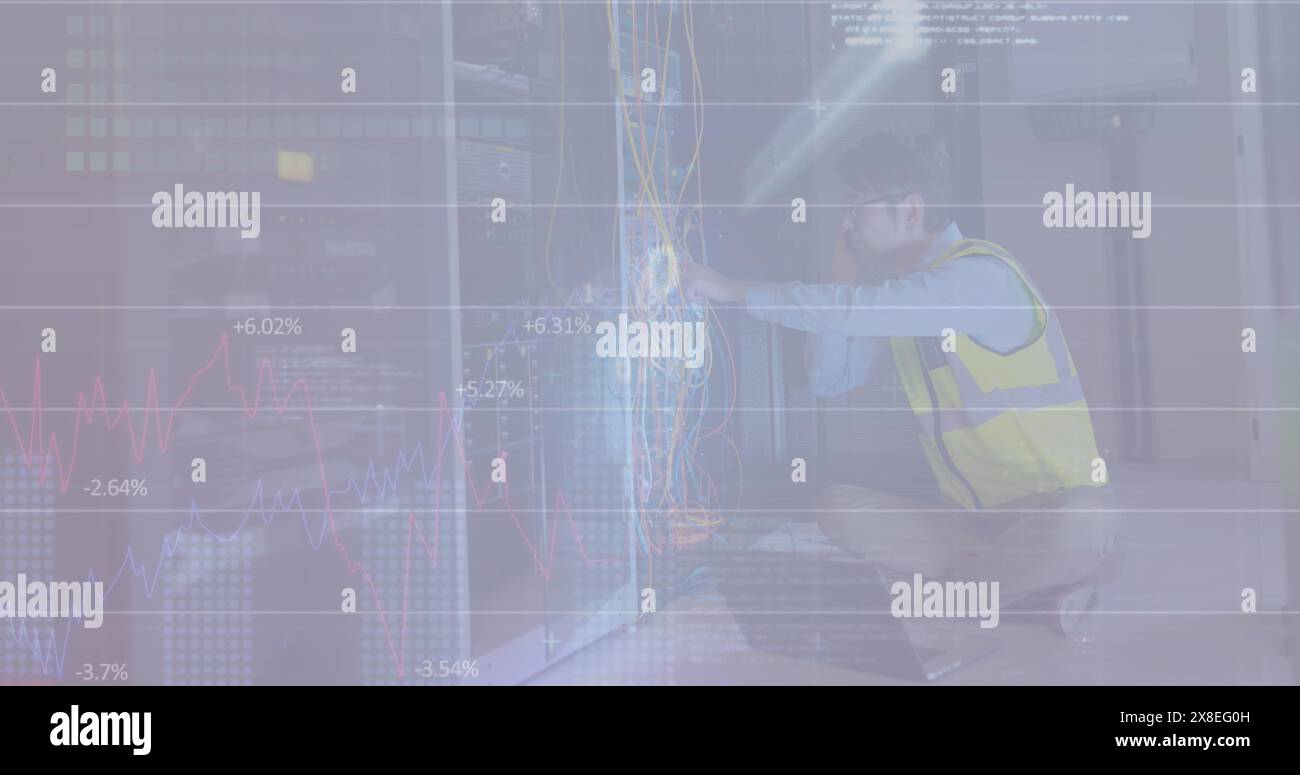 Image of binary codes and programming language, caucasian man checking ...