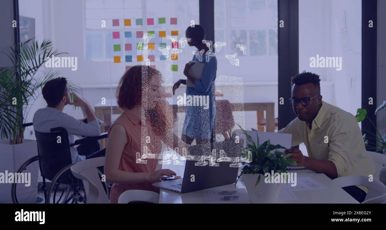 Image of graph icon spinning against diverse man and woman discussing ...