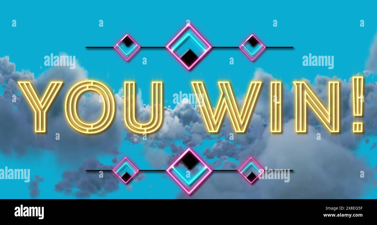 Image of you win neon text and pattern over clouds on blue background Stock Photo