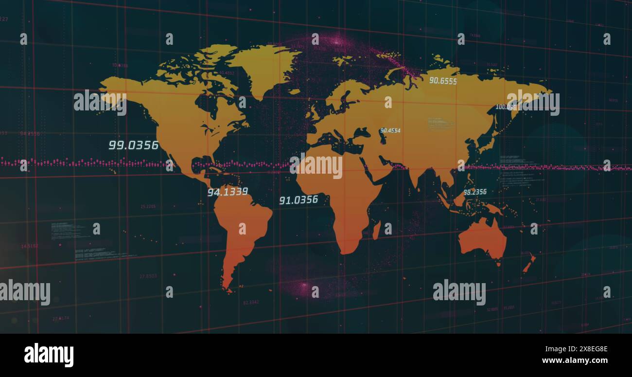 Image of data processing over world map and dark background Stock Photo ...