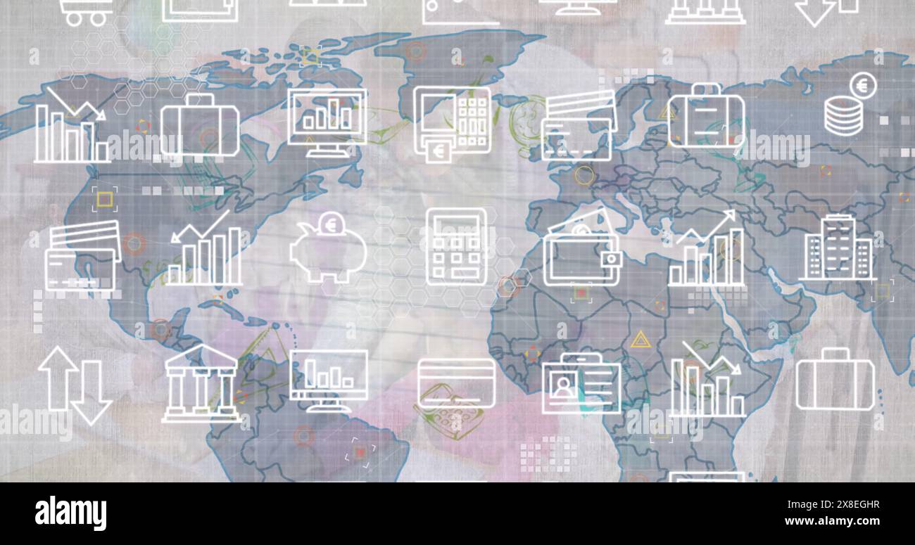 Image of multiple icons over map and school supplies against abstract background Stock Photo