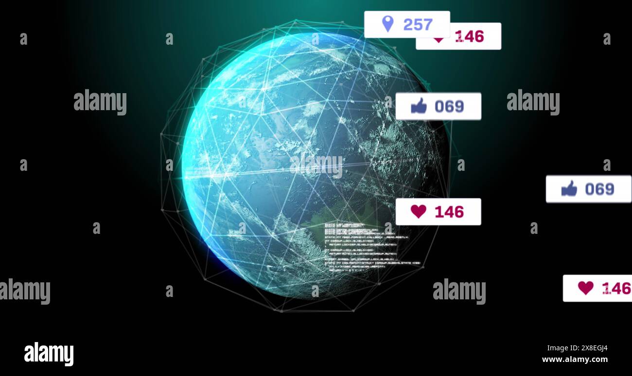 Image of notification bars and connected dots around globe over black ...