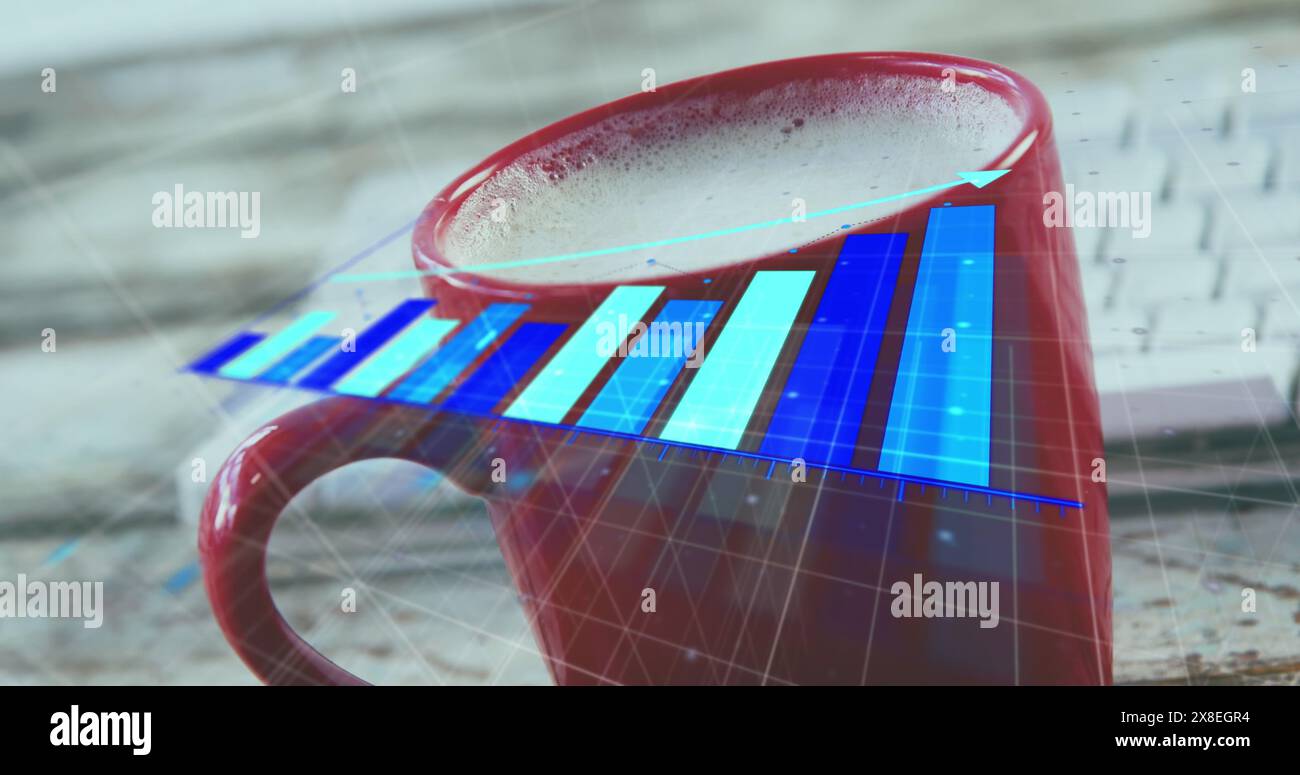 Image of arrow on growing bar graph over milk in cup and keyboard on wooden table Stock Photo