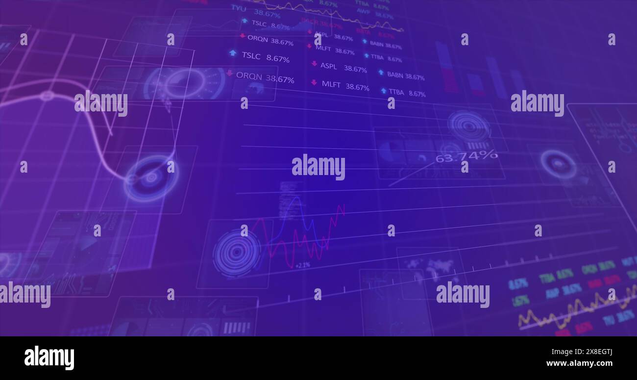 Image of circles, radars, map, computer language, graphs, trading boards over black background Stock Photo