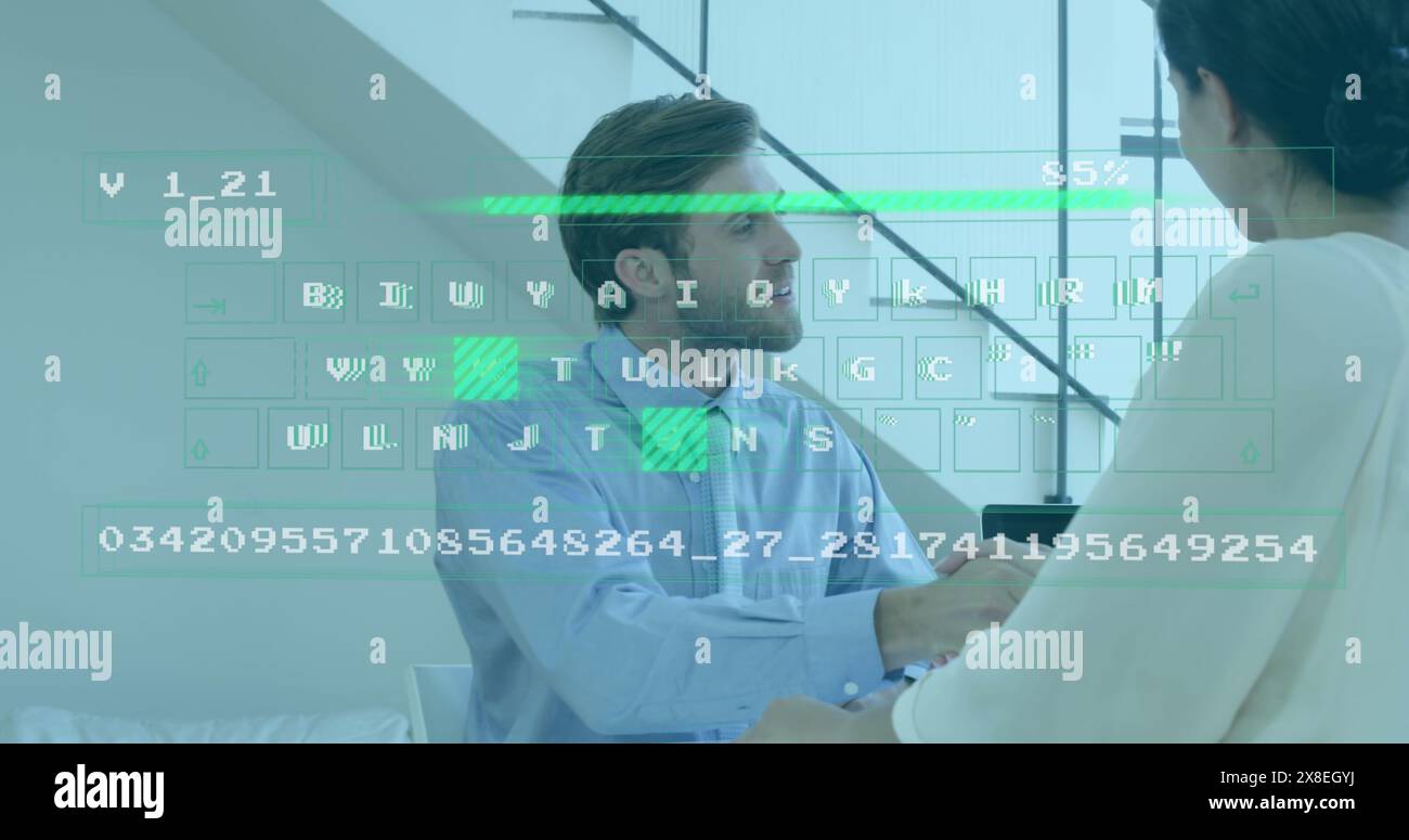 Image of numbers, loading bar and keyboard over diverse coworkers discussing and shaking hands Stock Photo