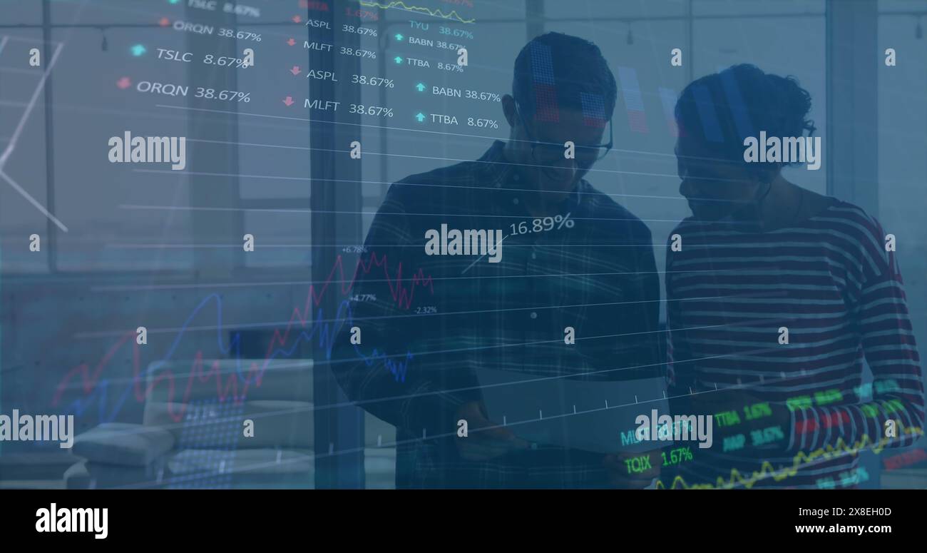 Image of stock market data processing over diverse man and woman ...