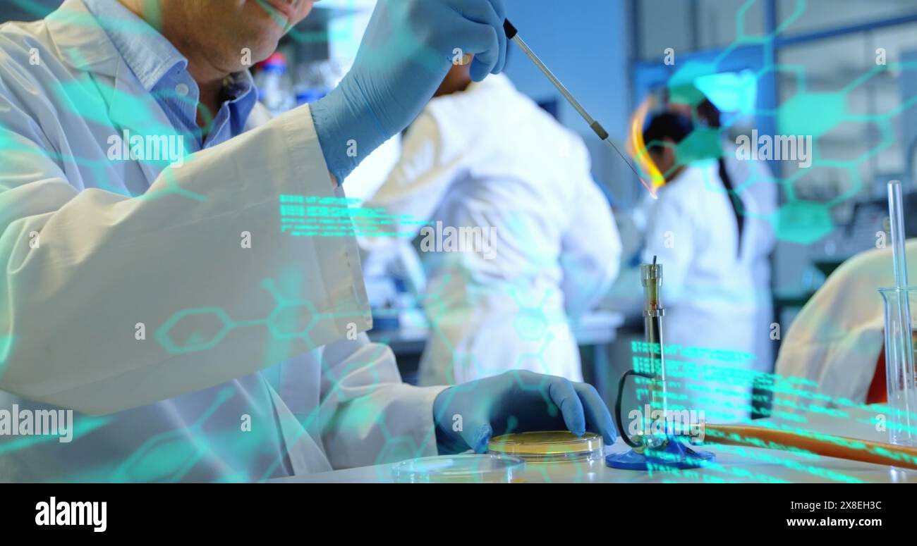 Image of medical data processing on caucasian male scientist performing ...