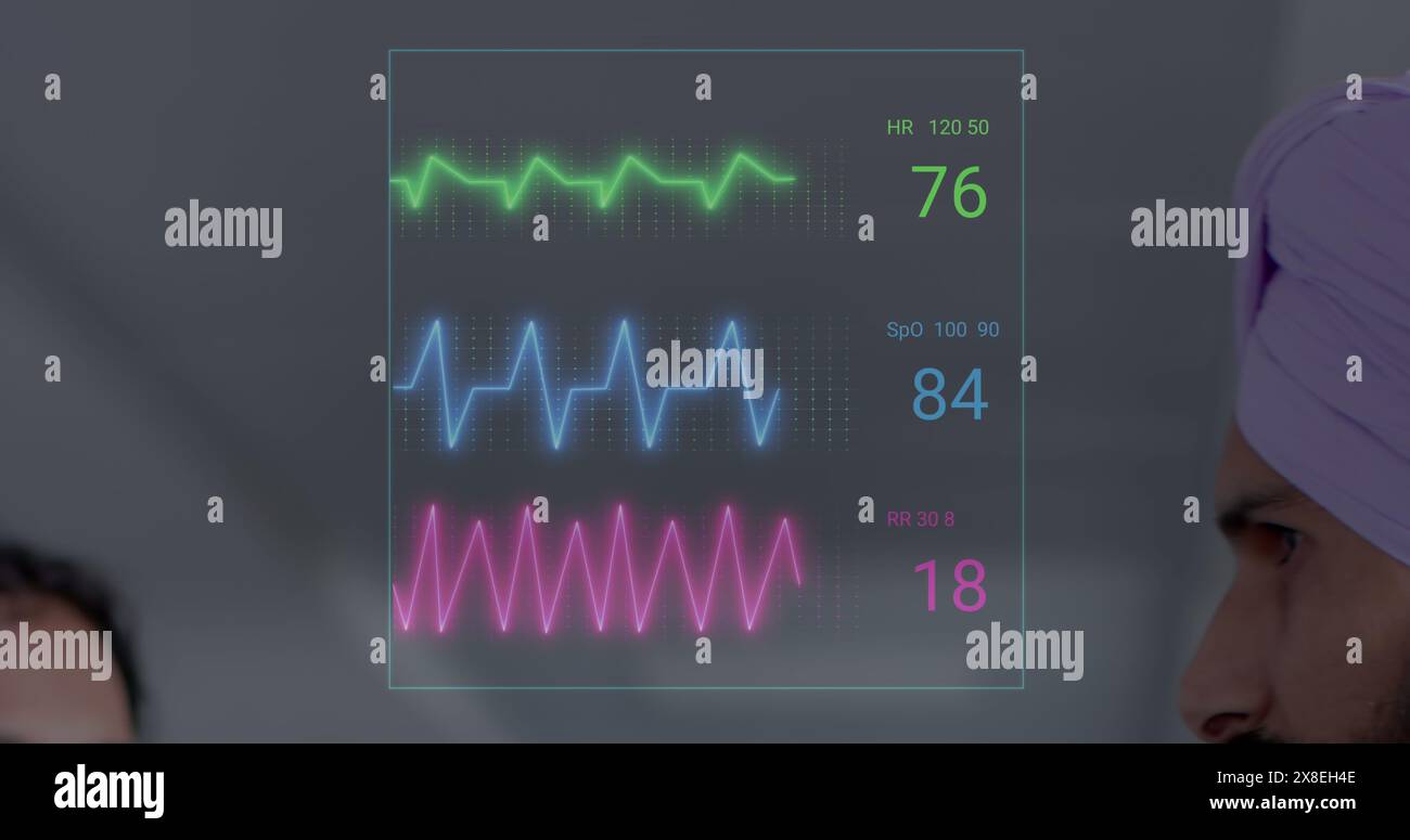 Image of heart rate monitor against indian male doctor discussing with his colleague at hospital Stock Photo