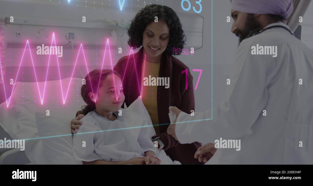 Image of heart rate monitor against indian male doctor helping a girl with an asthma inhaler Stock Photo