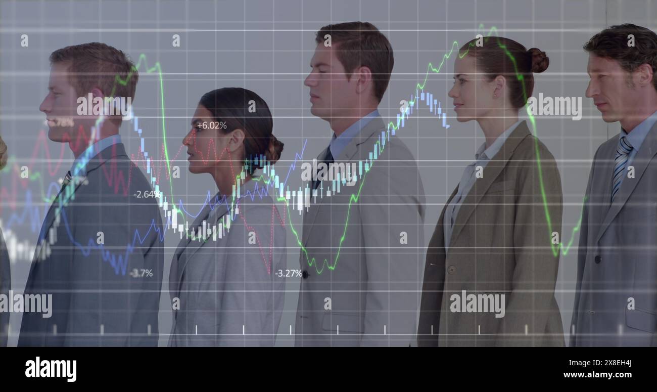 Image of financial data processing against diverse businesspeople standing in a queue Stock Photo