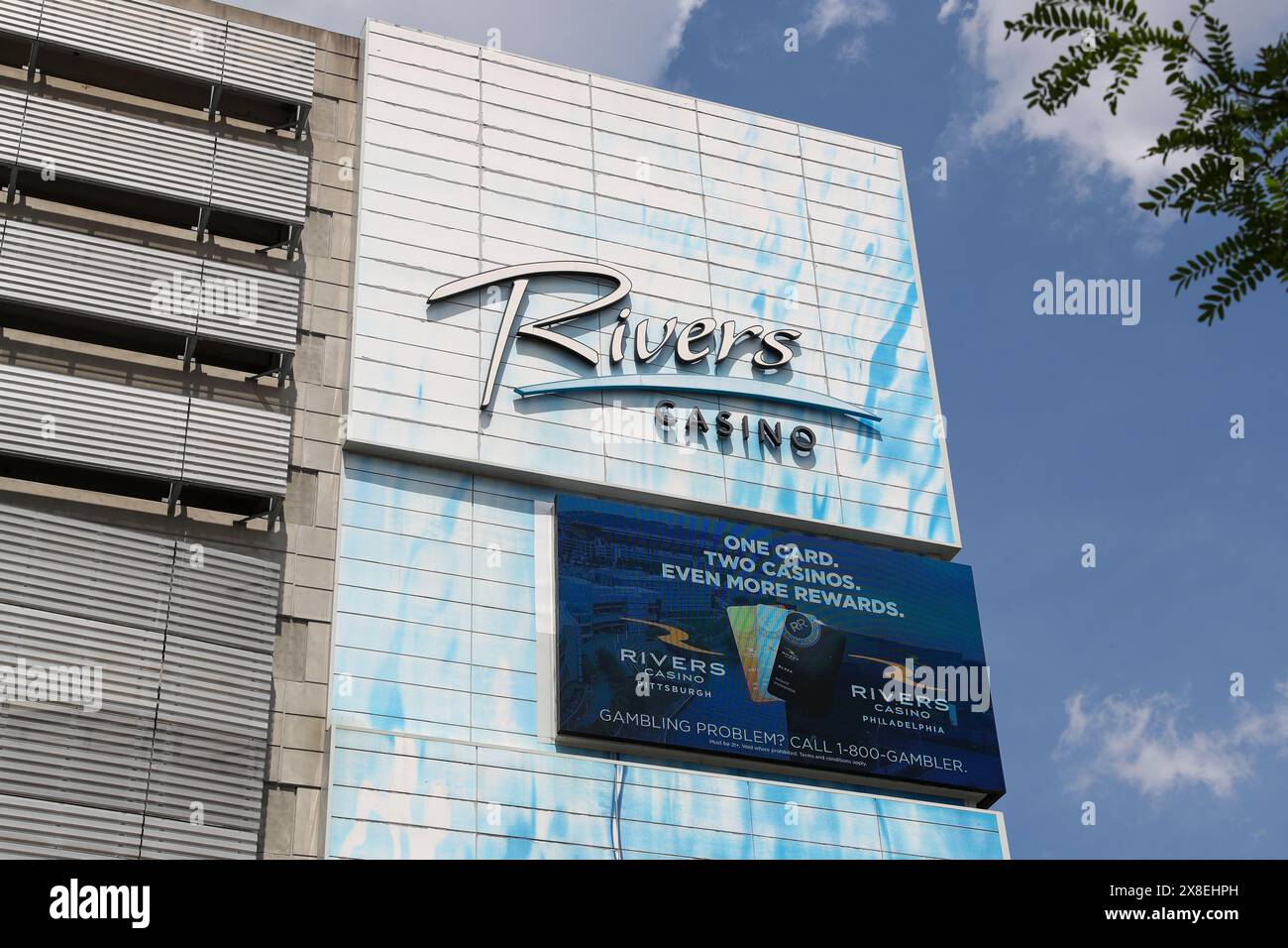 Pittsburgh, United States. 24th May, 2024. The logo for Rivers Casino is seen on the outside the casino in Pittsburgh. Credit: SOPA Images Limited/Alamy Live News Stock Photo