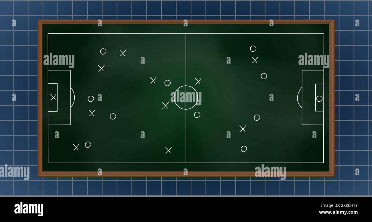Image of arrow on soccer court with grid pattern on blue background Stock Photo