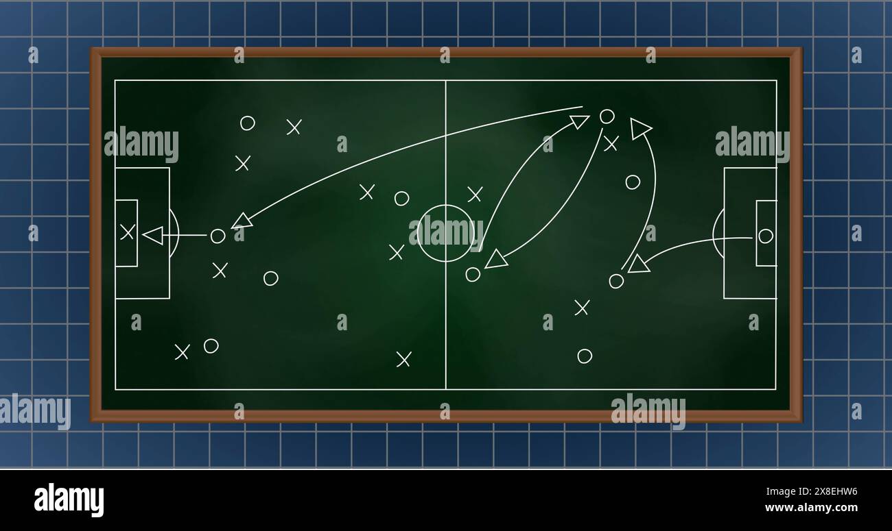 Image of arrow on soccer court with grid pattern on blue background Stock Photo