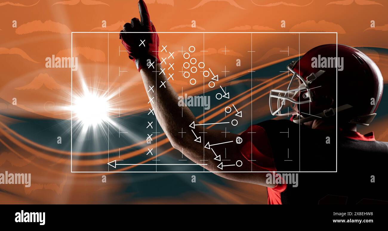 Image of game tactics with arrow and symbols over rugby male player ...