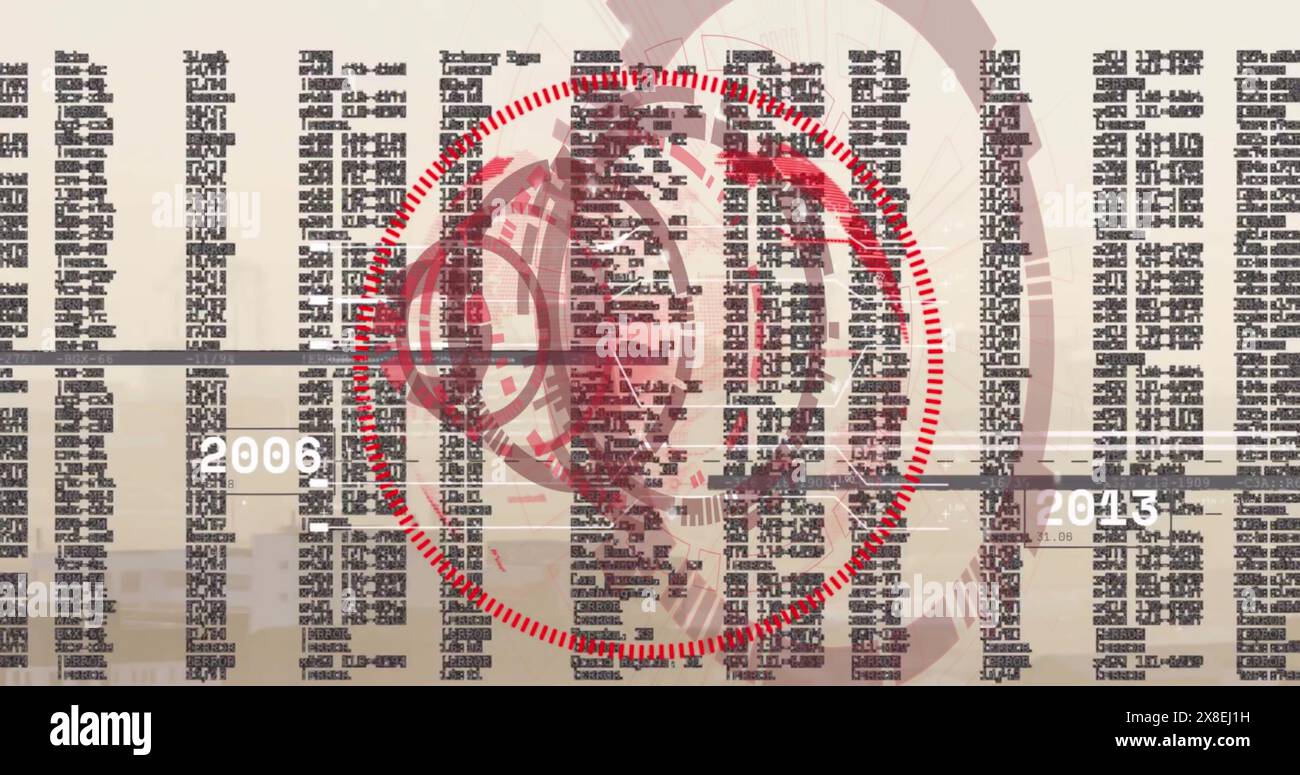 Red world map circular data hi res - Image Of Circular Scanner Red Globe And Data Processing Over Cityscape 2X8EJ1H 