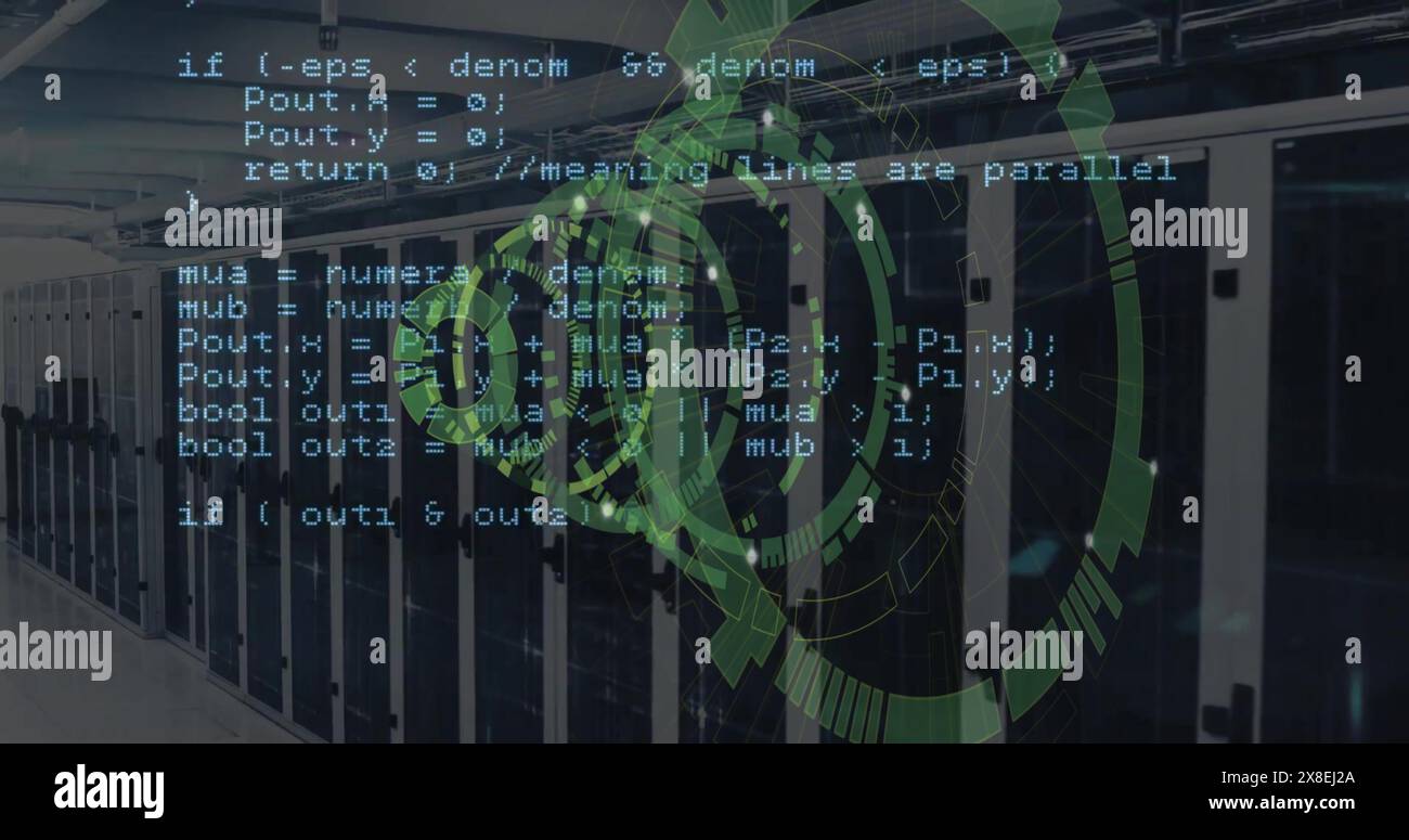 Image of data coding and circular scanner over server room Stock Photo ...