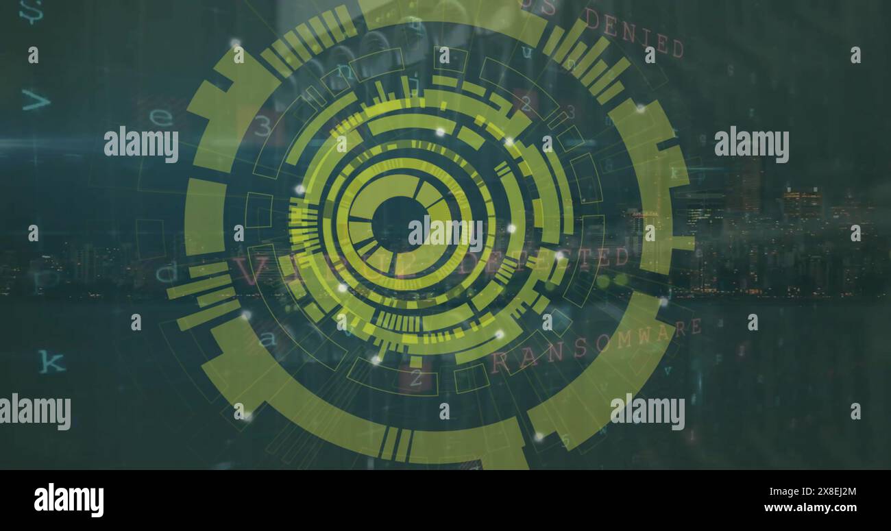 Image of circular scanner, data processing and security warning text ...