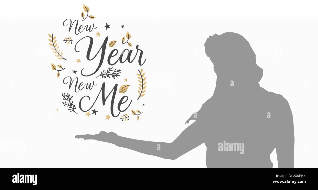 Image of new year new me text over woman's silhouette on white background Stock Photo